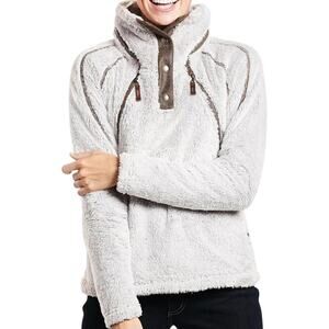 KUHL Flight Pullover Sweater Fleece Sherpa Stowable Hood Snap Stone Medium